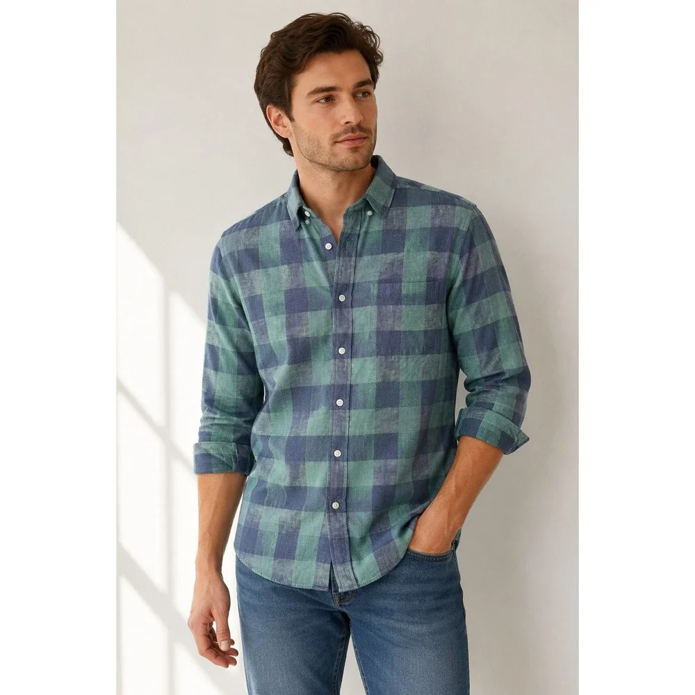 J.Crew Men's Slim Homespun Navy Green Plaid Cotton Button Down Shirt Medium